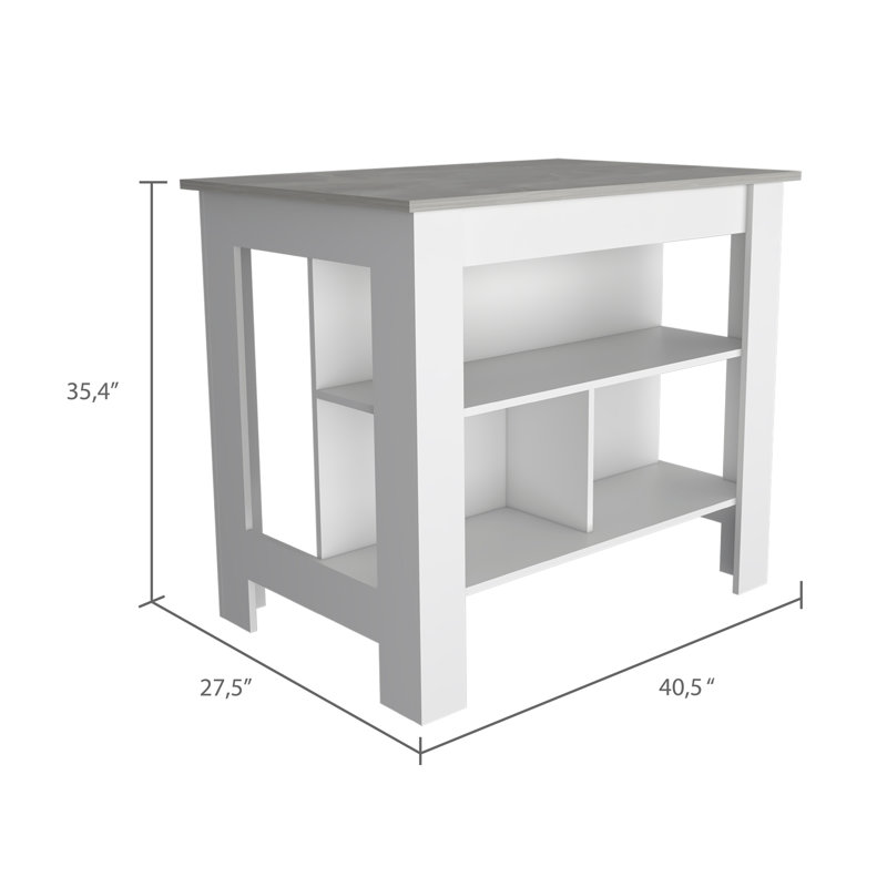 Îlot de cuisine, quatre pieds, trois tablettes - blanc / marbre Ibiza, Blanc / Gris