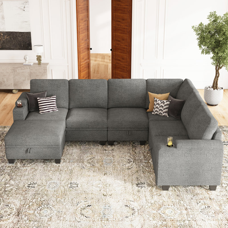 Canapé modulaire de salon avec rangement en L de 103,8 po Januelle Chenille, Chenille gris pâle