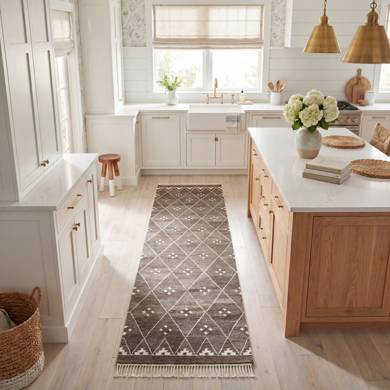 Mill Natural Hand Woven Wool/Viscose/Cotton Geometric Rug in Ivory/Brown, Runner 2'3" x 8'