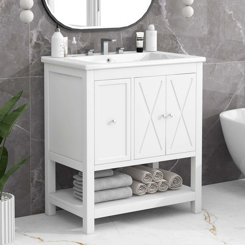 Meuble-lavabo avec lavabo, meuble-lavabo avec deux portes et un tiroir Simmeon