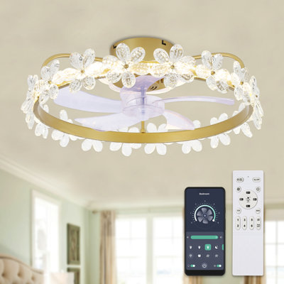 20" Modern Flush Mount Crystal Ceiling Fan with LED Light and Remote 6-speed DC Motor Low Profile Fan for Bedroom 