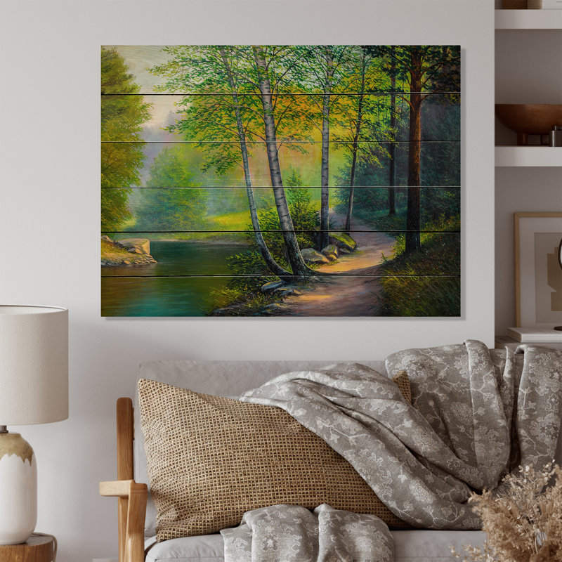 Rivière au printemps - Peinture sur bois sans cadre, H 30 po x l 40 po x P 1 po