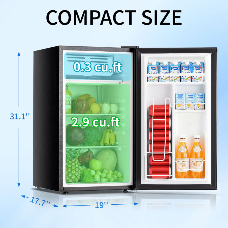 BacklD 3.1 Cu.Ft Mini Fridge with Freezer, Single Door Compact Refrigerator with Glass Shelves, Small Fridge with 7 Adjustable Thermostat, Energy Saving, Low Noise, Mini Cooler for Bedroom, Dorm, Office, Black