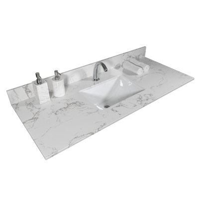 43X22 Inch Engineered Stone Bath Vanity Quality - White Marble Color, Rectangle Undermount Ceramic Sink, Back Splash, Faucet Hole Obligation Characteristic Assurance