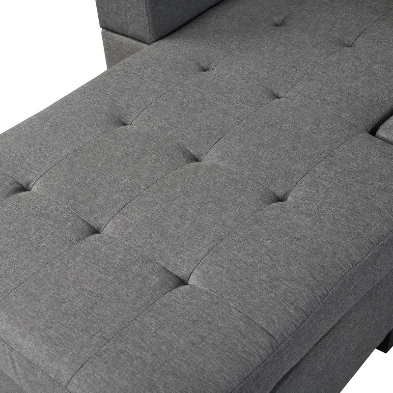 Salon modulaire avec porte-gobelet et méridienne en L en tissu de lin gris, housse