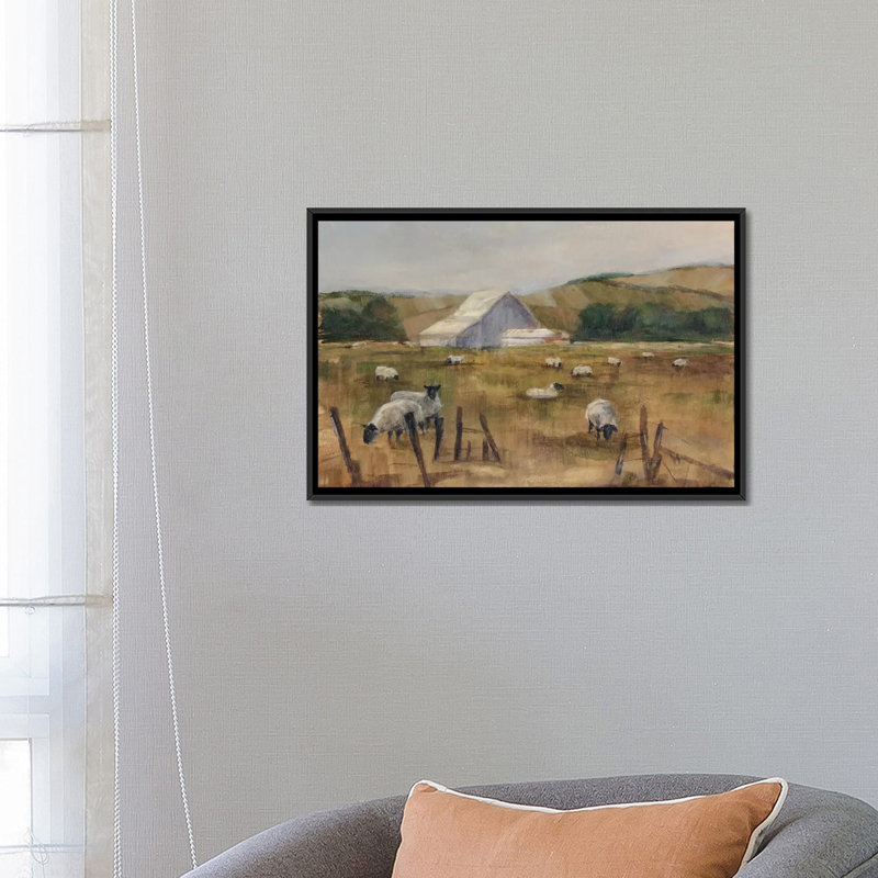 " Grazing Sheep I " by Ethan Harper, 18" H x 26" W x 1.5" D, Black Framed Canvas, No Mat