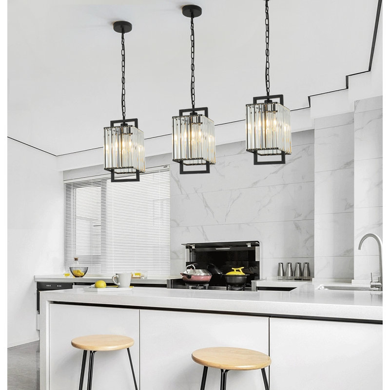 1-Light Black Mini Crystal Pendant Light with Crystal Shade with Adjustable Chain for Kitchen Island, Matte Black, Crystal