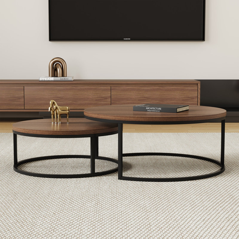 Carbon Steel Nesting Coffee Tables Set - Round Extendable Design with Durable Panel for Living Rooms, Brown