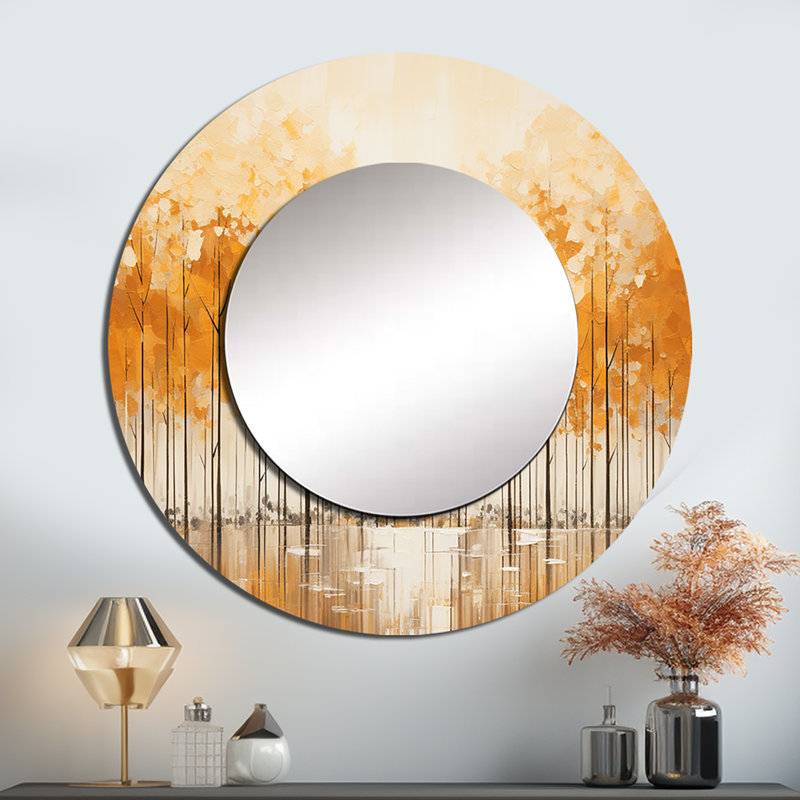 Minimalism Beige And Gold Forest III - Forest Mirror, Traditional Round Decorative Wall Mirror, Printed Metal Art, 36" x 36"