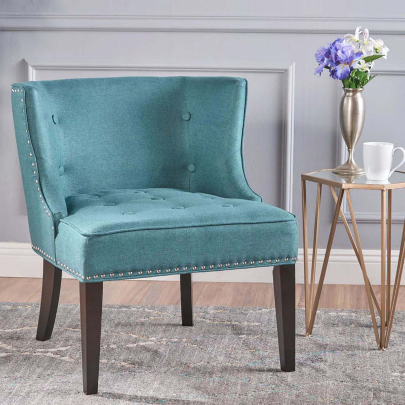 Fauteuil à oreilles capitonné Staas, Tissu bleu sarcelle