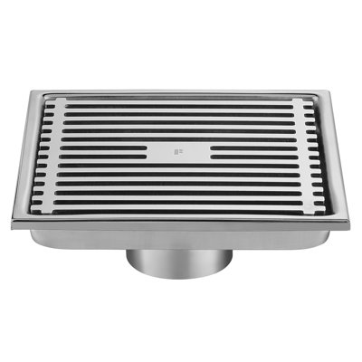 FINE FIXTURES Square Shower Floor Drain, Slotted Grate Design, 10-Gauge 304 Stainless Steel, Center Outlet, Fast Drainage, Hair Strainer Included