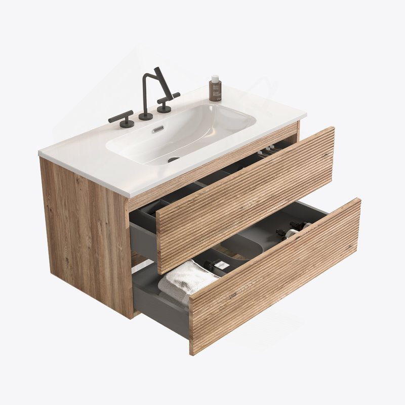Meuble-lavabo mural avec lavabo en céramique, 36", Chêne