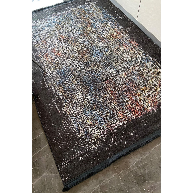 Tapis noir à rayures géométriques multicolores lavable à la machine, Sous-tapis rectangulaire 3 pi 11 po x 5 pi 11 po i