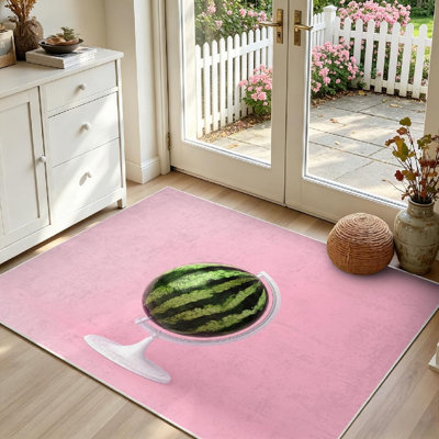 Tapis d'intérieur rose lavable à la machine, motif globe sphérique pastèque pastel