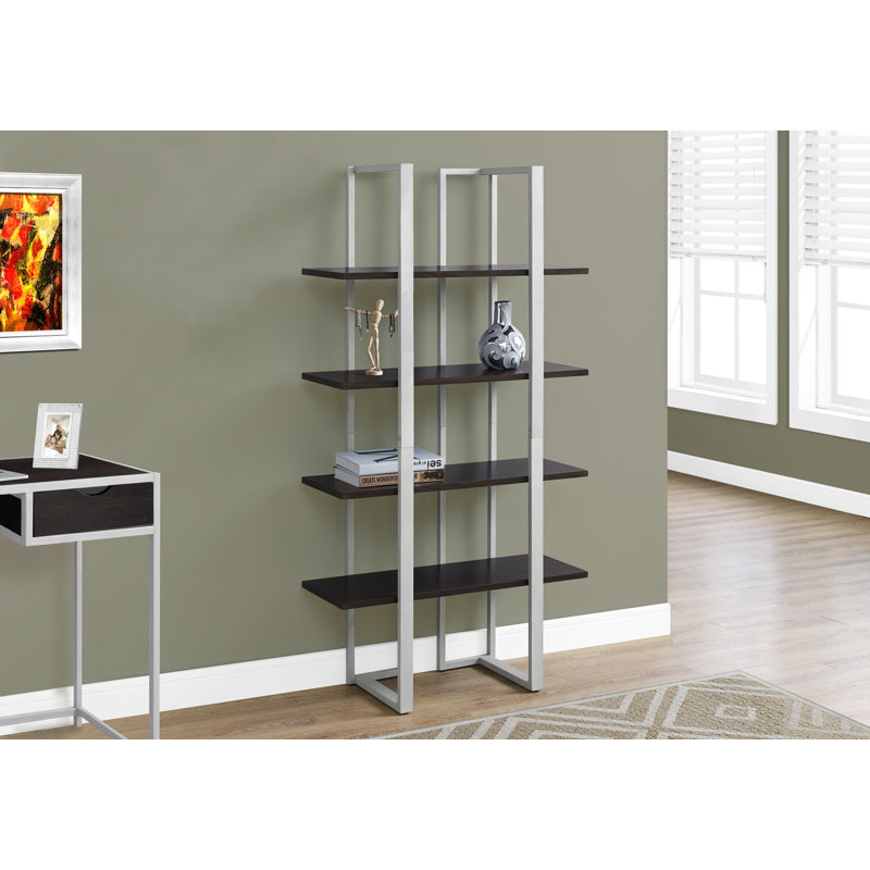 Bibliothèque, bibliothèque, étagère, 4 niveaux, H 60 po, bureau, chambre à coucher, stratifié brun, métal noir, contemporain, moderne