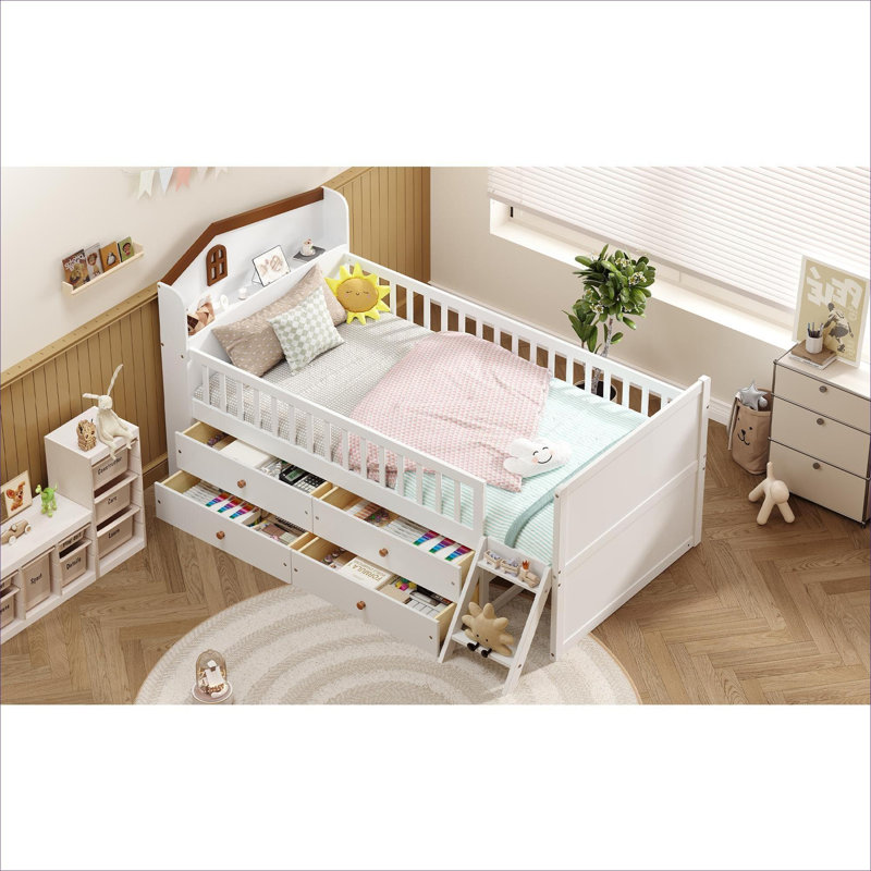 Structure de lit simple en bois massif blanc pur pour chambres d'enfants avec garde-corps de rangement et de sécurité