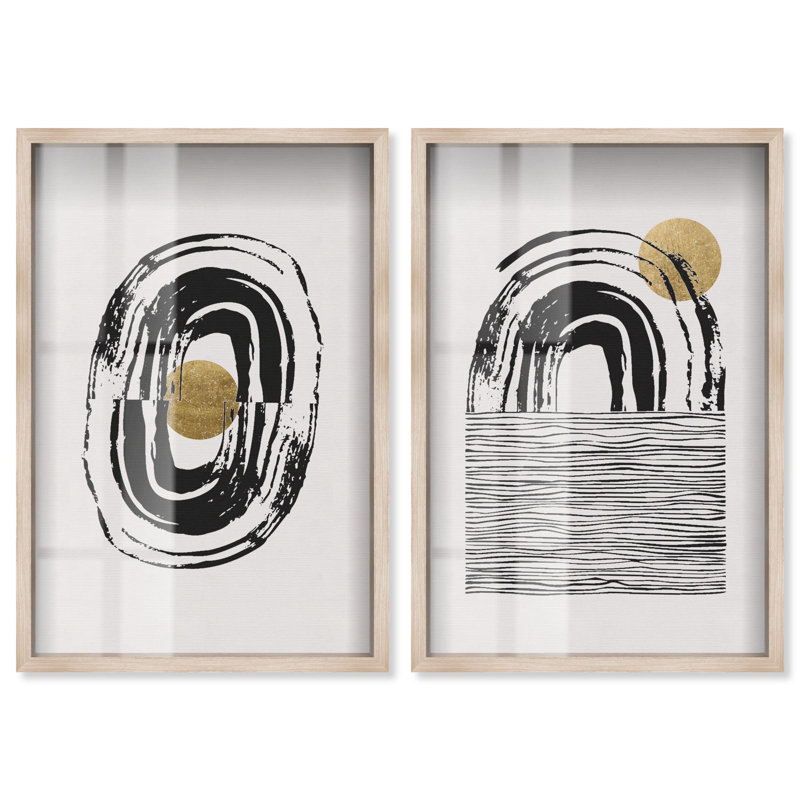Ensemble d'art moderne pour salon « Motion in Gold » avec impression sous cadre-vitrine, par Art Remedy, cadre noir, 10 x 15