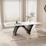 Modern Rectangular Dining Table, Glossy White Kitchen Table with Sintered Stone Table-top, N-Shaped Steel Legs
