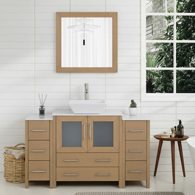 Meuble-lavabo simple 54 po avec plateau en marbre d'ingénierie avec miroir, Chêne naturel