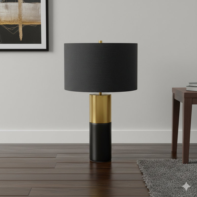 Lighting, H 25 po, lampe de table, béton noir, abat-jour noir, contemporain