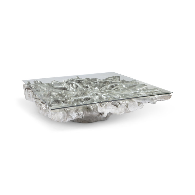 Transitional Silver Leaf Square Coffee Table with Glass Top