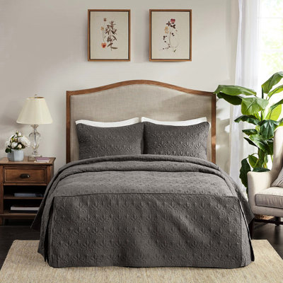 Couvre-lit très grand 3 pièces en gris foncé plissé en coin, microfibre, rembourrage 100%, tissu de microfibre plissé, confortable pour lit grand / très grand
