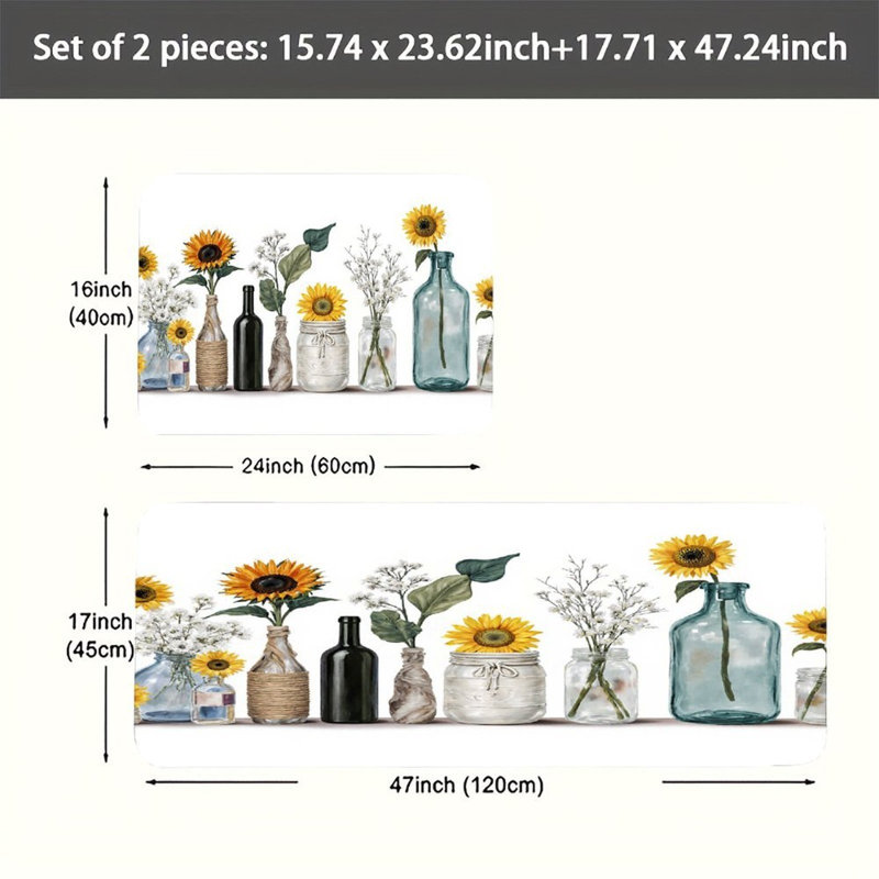 Tournesol dans un vase, ensemble de 2 tapis de cuisine, Motif floral jaune / blanc
