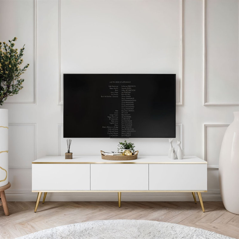 OXFORD III TV Stand with Golden Legs, 53cm H x 175cm L x 32cm W, White