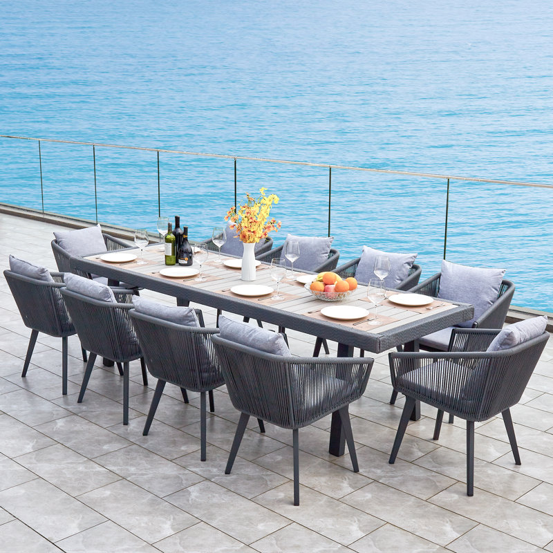 Rectangular Outdoor Dining Set with Cushions, 10, Gray/Dark Gray