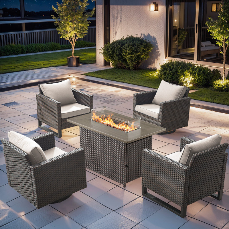 Naresa 5-Piece Outdoor Wicker Furniture Set With Swivel Glider Chairs & Fire Pit Table