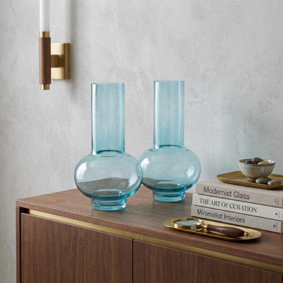 Ensemble de deux vases de table ronds en verre turquoise