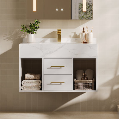 Ensemble de meuble-lavabo mural flottant blanc moderne avec pierre frittée encastrable 35 po Chiverton