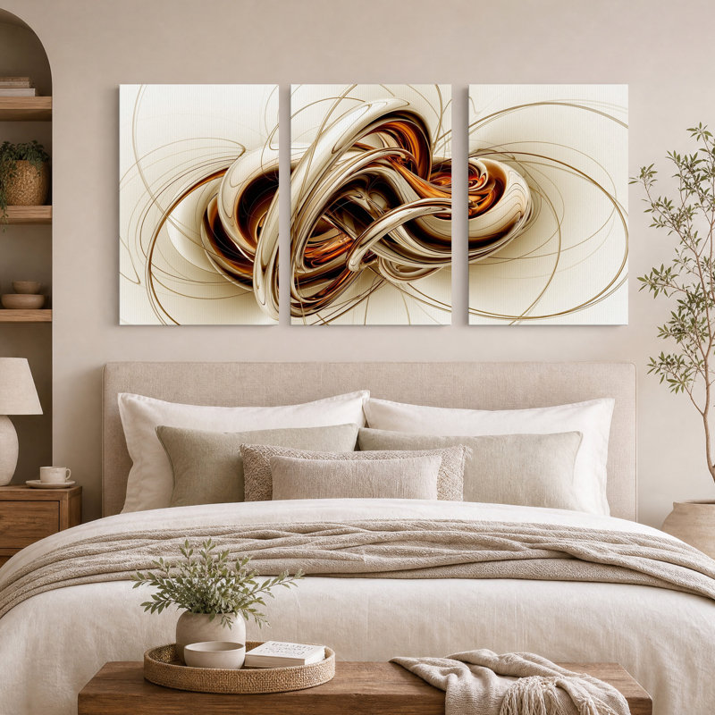 Ensemble de 3 toiles murales abstraites aux motifs tourbillonnants en bronze et or métallisés, 36"H x 24"W x 3pcs