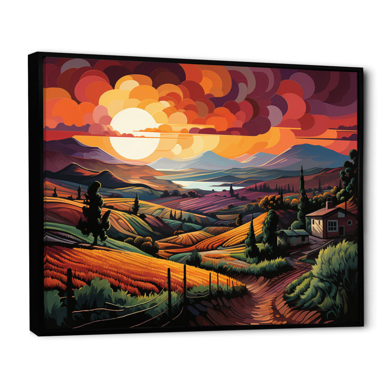 «Vineyard Sunset Rows Of Ruby Landscape III», reproduction sur toile, H 24 po x l 32 po x P 1 po, Cadre flottant noir