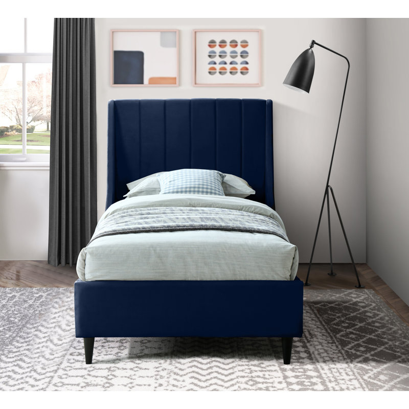 Eva Upholstered Low Profile Platform Bed, Twin, Navy Velvet