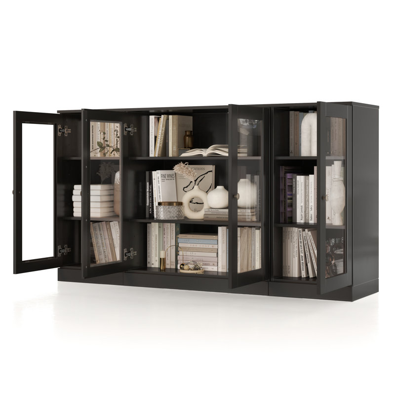 Buffet 100% bois massif 65 po avec portes en verre transparent et tablettes réglables, Noir, noir, noir, noir