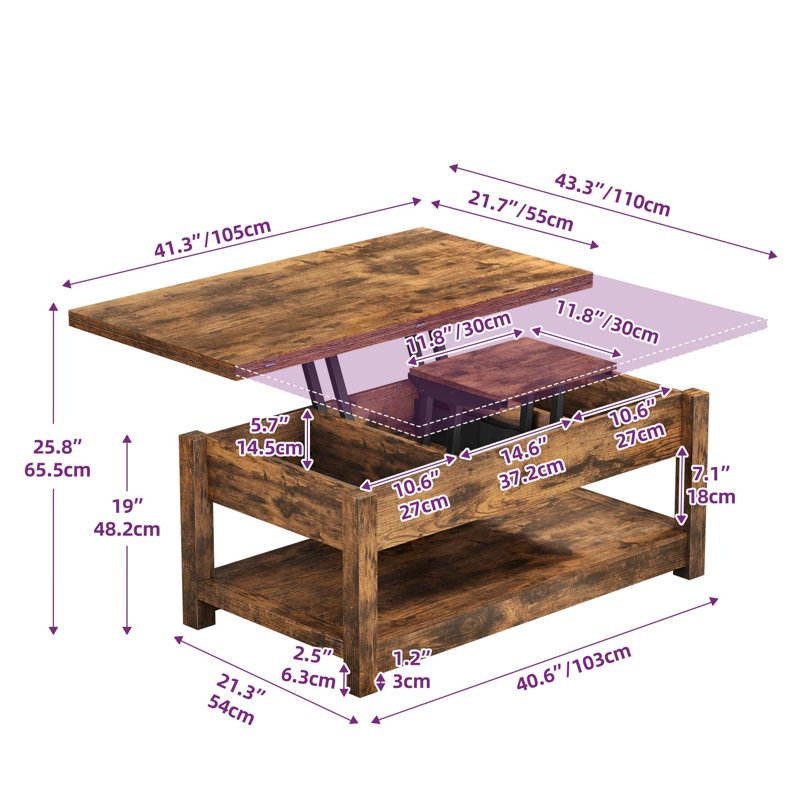 Bojko Multi-Function Lift Top Coffee Table with Hidden Compartment and Storage Shelf, Rustic Brown, Rustic Brown
