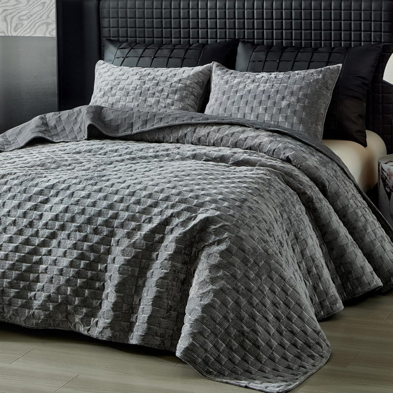 Zera MJ Velvet Coverlet/Bedspread with Pillowcases, Queen Coverlet/Bedspread + 2 Standard Pillowcases, Gray