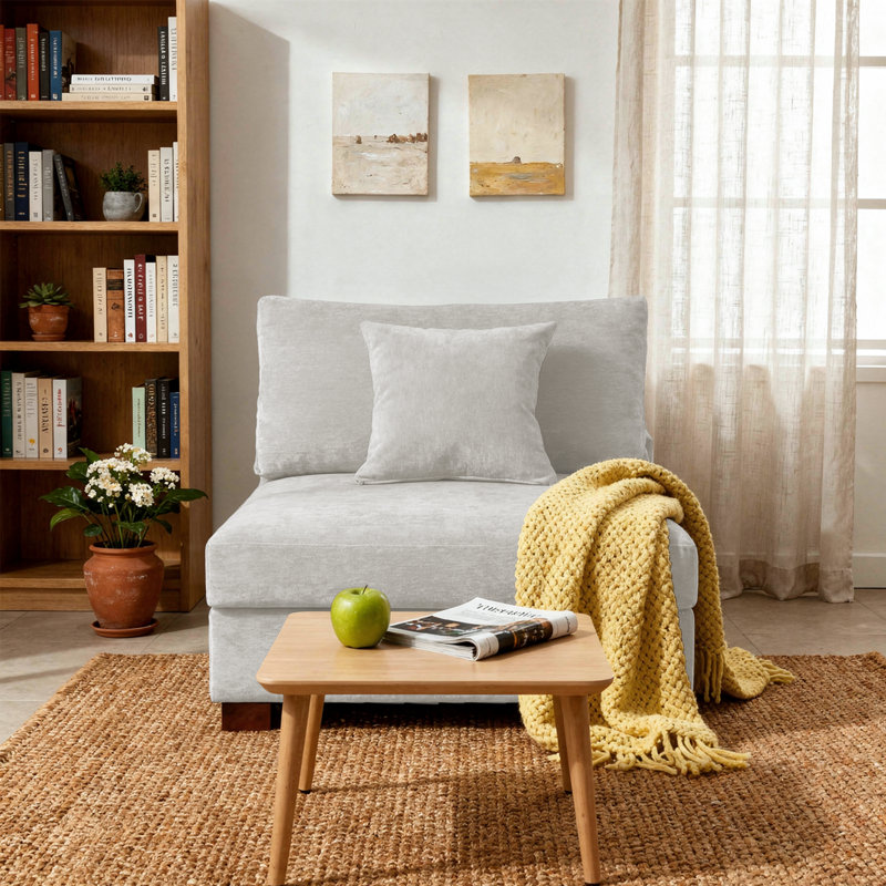 Fauteuil rembourré en chenille blanc cassé avec dossier rembourré, module de chaise simple pour canapé modulaire, Chenille