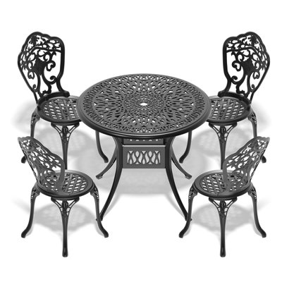 Fonte d'aluminium 5 repas pour tous les temps. Finition noire avec des sculptures gracieuses. 100% fabriqué et durable. ,, Et. Disposition ergonomique des sièges. Patin anti-bruit. Processus d'assemblage simple. Sièges