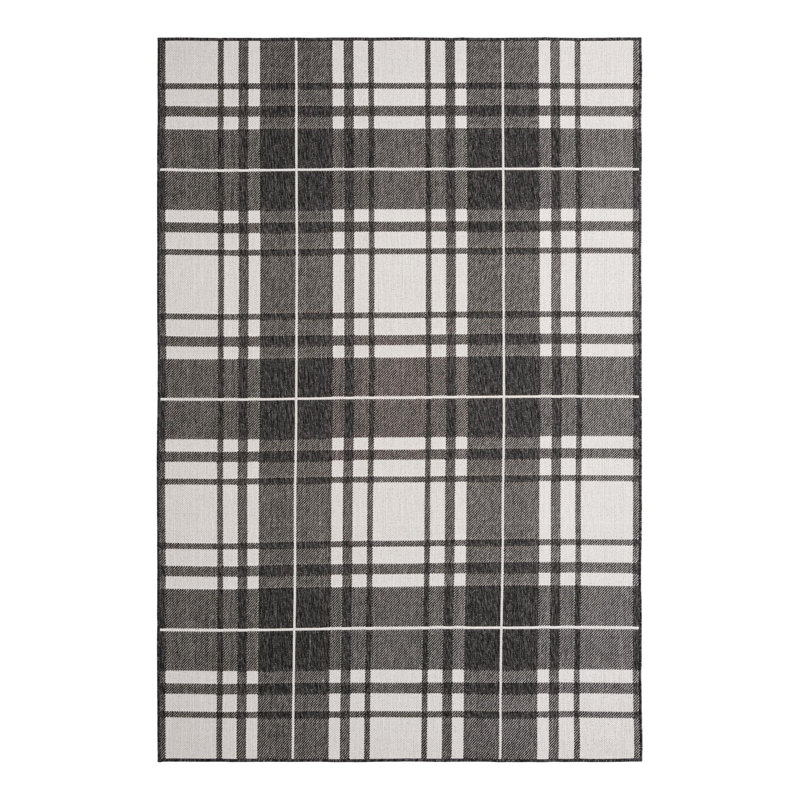 Tatasha Plaid Power Loom Polypropylene Plastic Indoor/Outdoor Area Rug in Black/White, Rectangle 6'1" x 9'