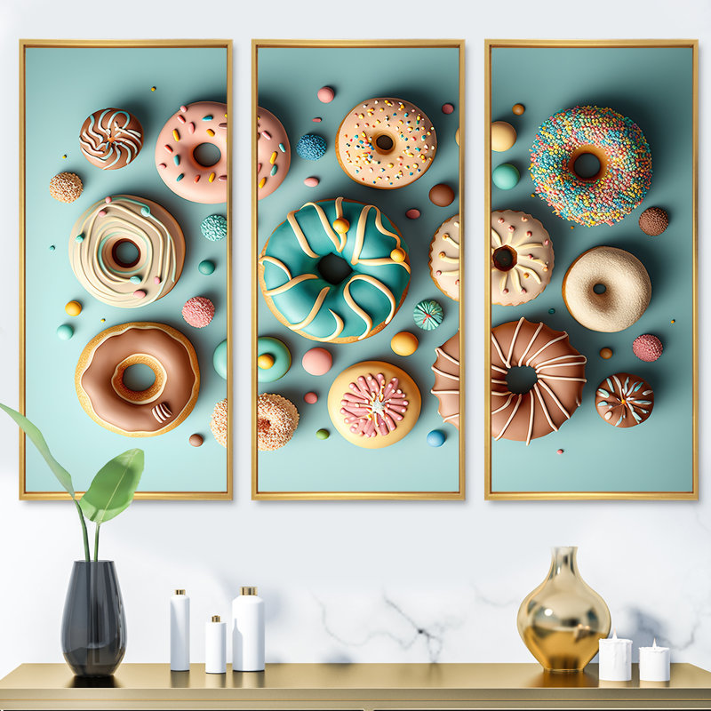 «Colorful Donuts Flatlay V», reproduction de 3 pièces sur toile, H 32 po x l 48 po x P 1 po, Cadre flottant doré