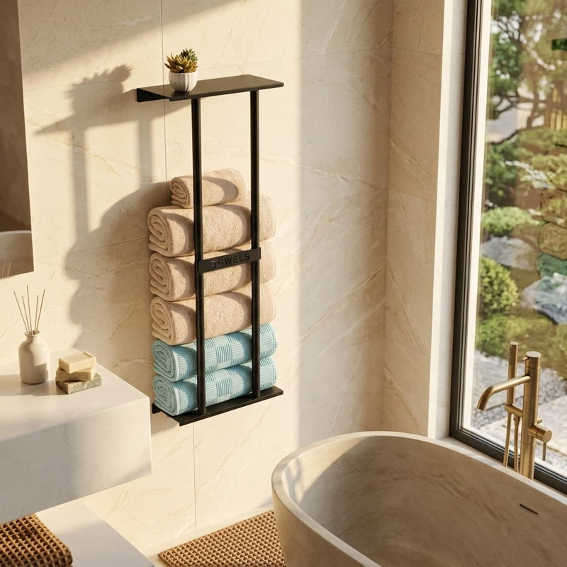 30" Black Wall Mount Bathroom Towel Rack with Shelf, Holds 6 Large Rolled Towels