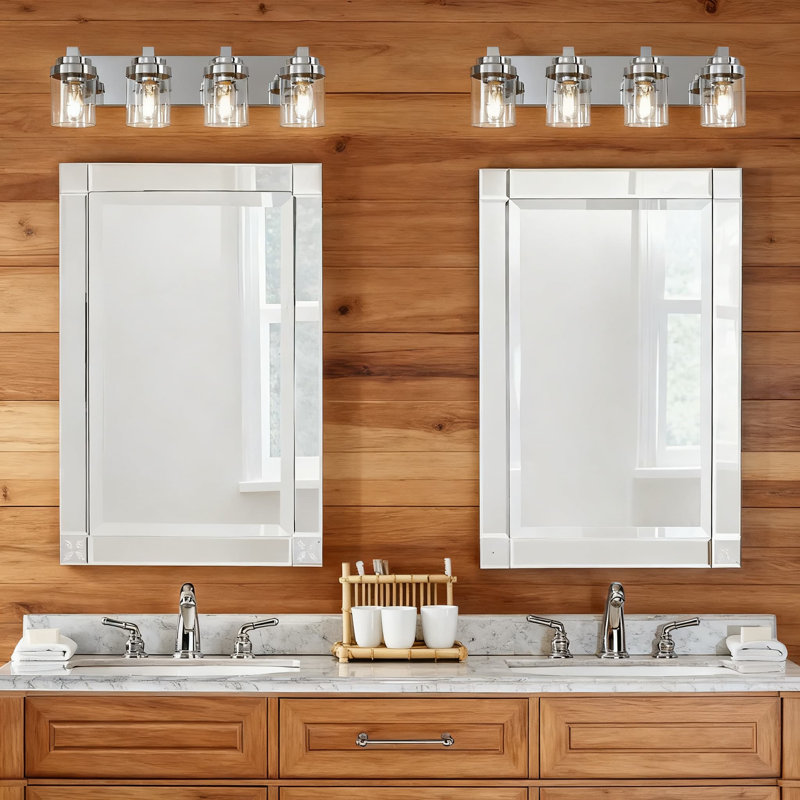 Luminaire de salle de bain moderne à 4 lumières avec abat-jour en verre transparent, luminaire campagnard en chrome poli pour dessus de miroir, base E26 compatible avec les ampoules à DEL à intensité variable