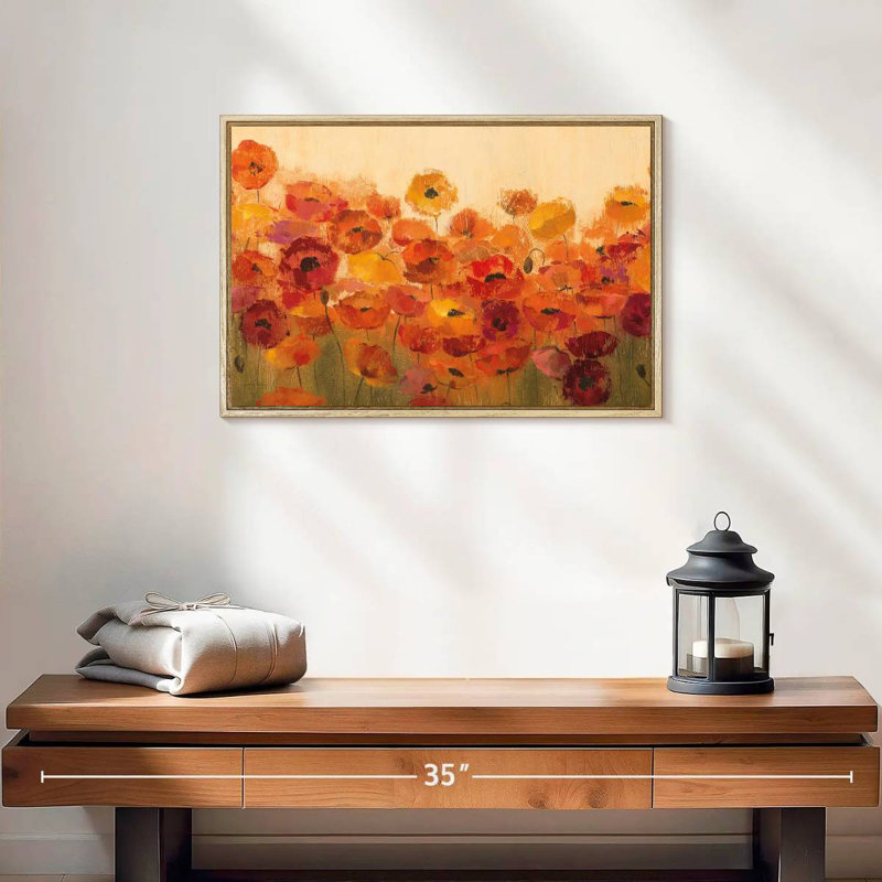 Vibrant Summer Poppies, Floating Frame Natural Wood, 19" X 13"