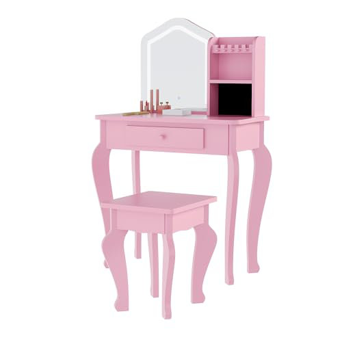 Kids Vanity with Lighted Mirror, Toddler Vanity Table and Chair Set, Girls Makeup Playset, Pink