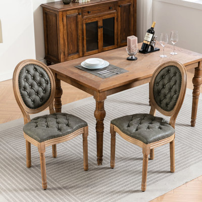 Antique Solid Wood Dining Chairs, 2 , Pu Leather Covering, Handmade Pull-Ups, Of 2, With Leather,