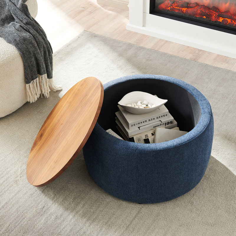 Repose-pieds rond avec rangement, fonction 2 en 1, table de bout avec repose-pieds, Bleu