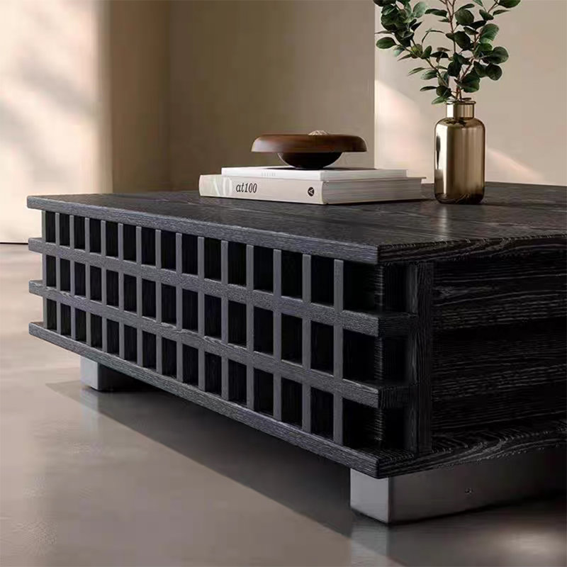 Table basse 31,5 "moderne noire, table de salon carrée, table basse en bois à 2 tiroirs