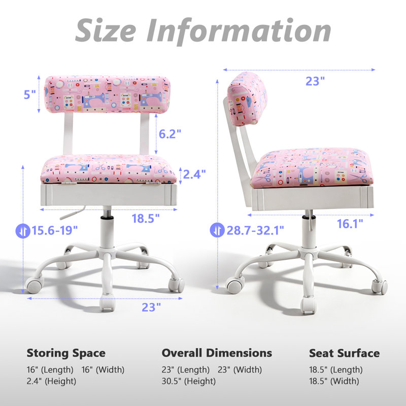 Adjustable Height Sewing Chairs, Crafting Chair with Wheels, Back Support, and Under Seat Storage - Perfect for Your Craft Room Furniture and Sewing Machines,Pink